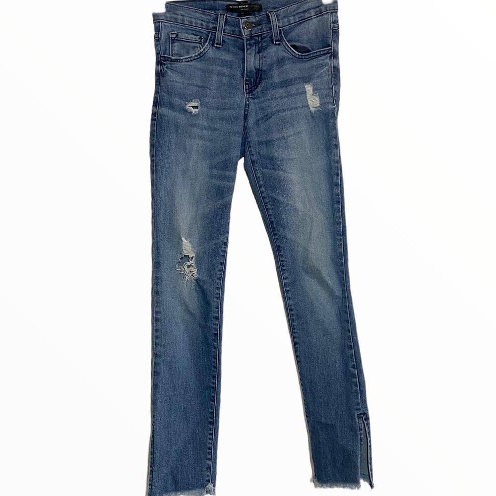 Flying Monkey Platinum Skinny Jeans Side Slits Medium Wash Distressed Blue 24"